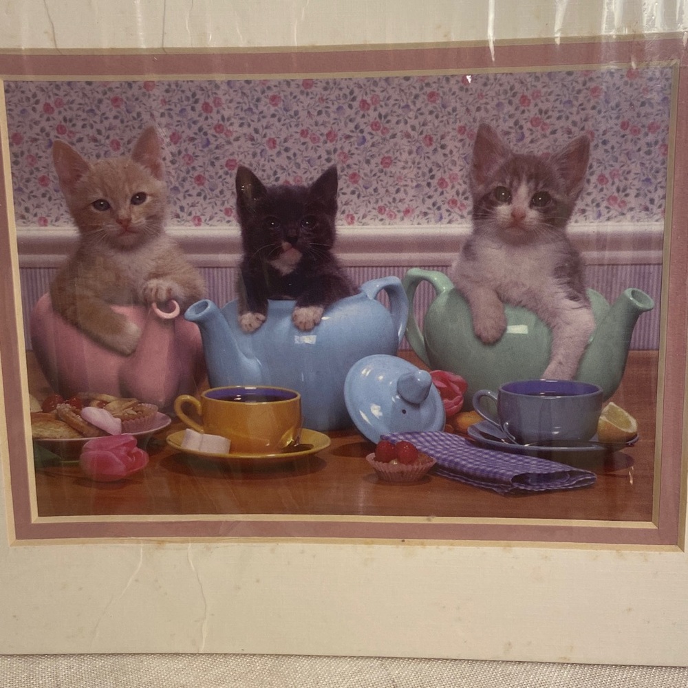 80s vintage cat print kittens in teapot Portal matted print cottagecore country